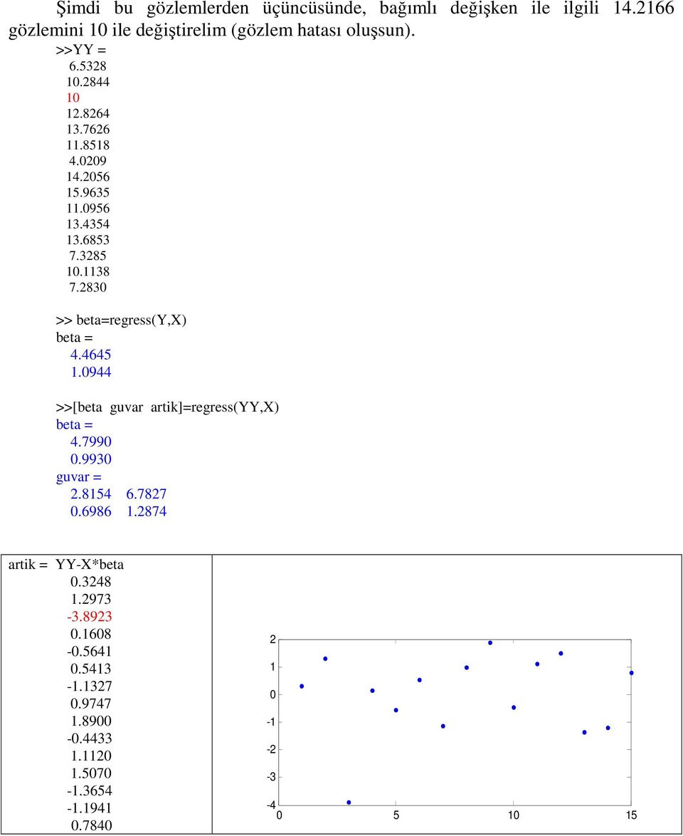 830 >> beta=regress(y,x) beta = 4.4645 1.0944 >>[beta guvar artik]=regress(yy,x) beta = 4.7990 0.9930 guvar =.8154 6.787 0.