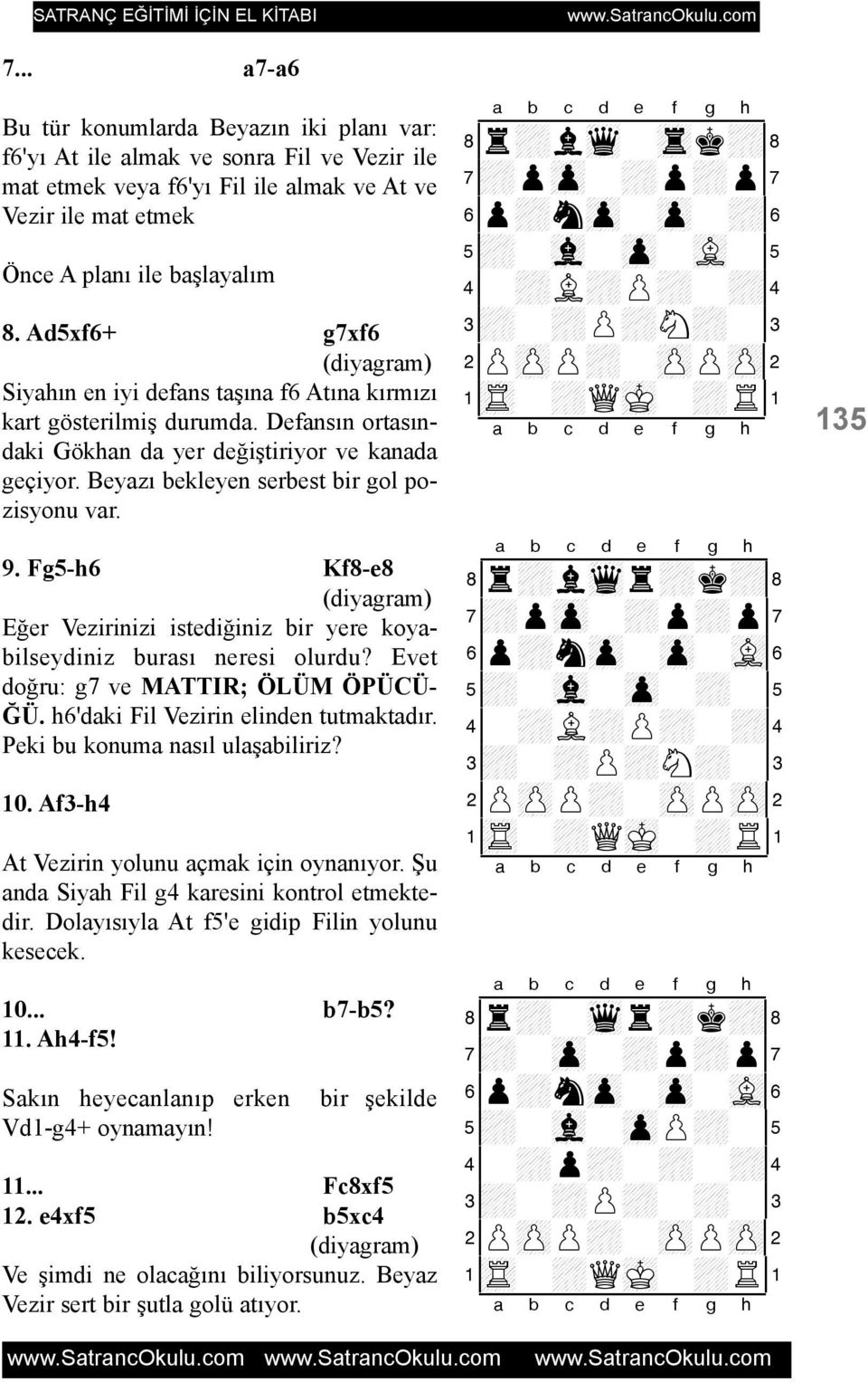 9. Fg5-h6 Kf8-e8 Eðer Vezirinizi istediðiniz bir yere koyabilseydiniz burasý neresi olurdu? Evet doðru: g7 ve MATTIR; ÖLÜM ÖPÜCÜ- ÐÜ. h6'daki Fil Vezirin elinden tutmaktadýr.