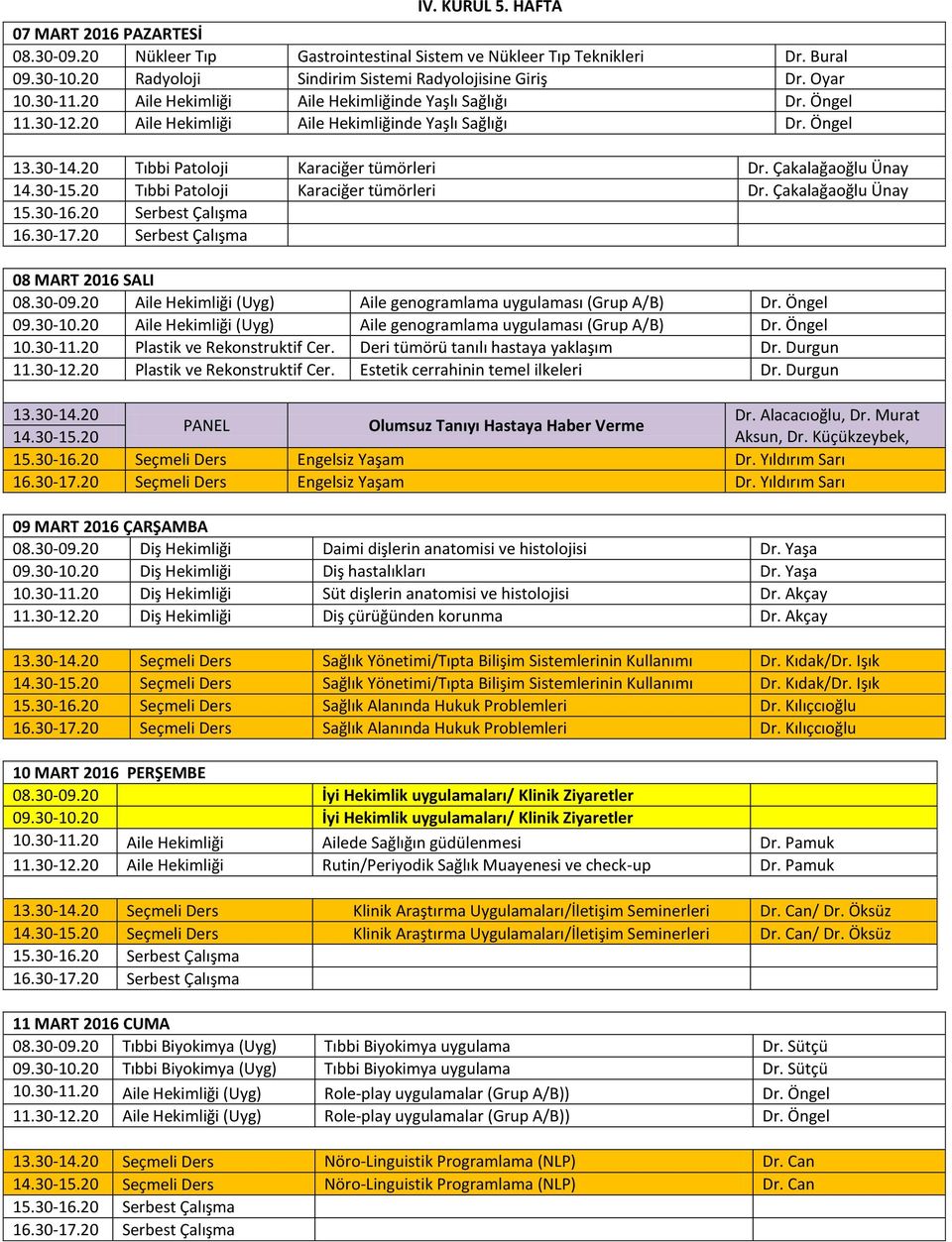 Çakalağaoğlu Ünay 14.30-15.20 Tıbbi Patoloji Karaciğer tümörleri Dr. Çakalağaoğlu Ünay 08 MART 2016 SALI 08.30-09.20 Aile Hekimliği (Uyg) Aile genogramlama uygulaması (Grup A/B) Dr. Öngel 09.30-10.