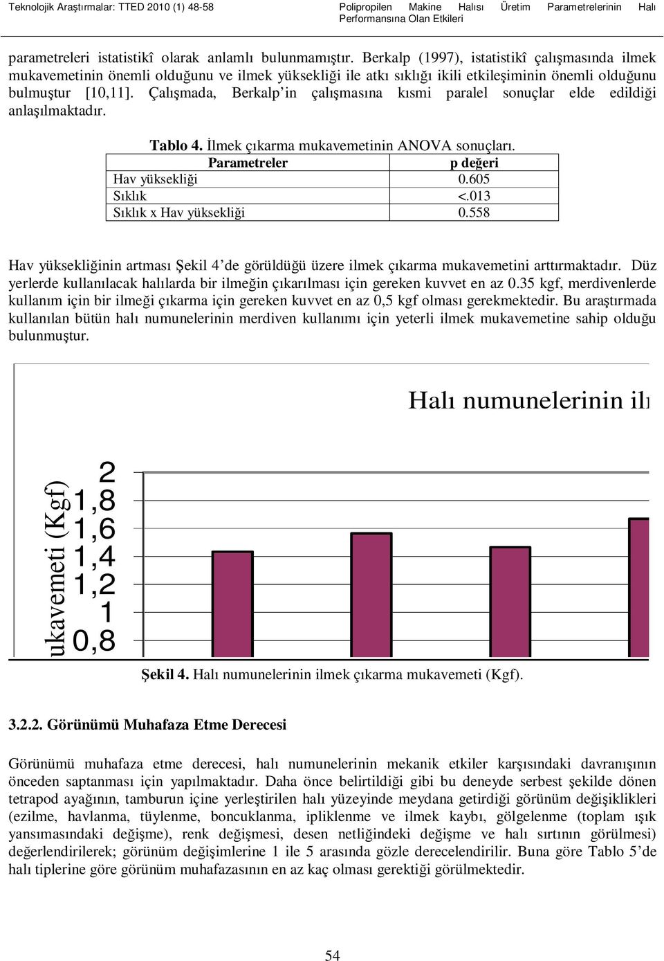 Çalışmada, Berkalp in çalışmasına kısmi paralel sonuçlar elde edildiği anlaşılmaktadır. Tablo 4. Đlmek çıkarma mukavemetinin ANOVA sonuçları. Parametreler p değeri Hav yüksekliği 0.605 Sıklık <.