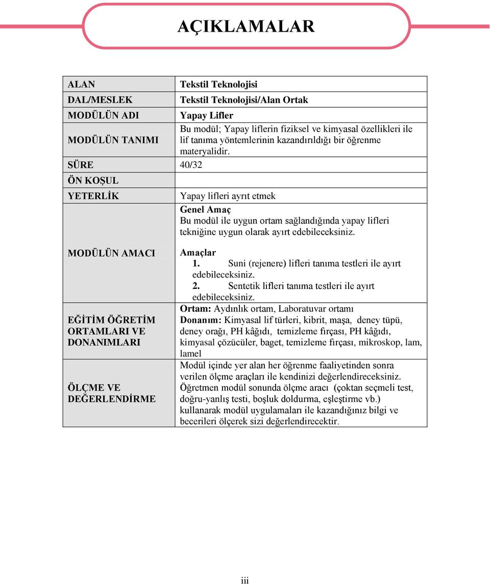 SÜRE 40/32 ÖN KOġUL YETERLĠK AÇIKLAMALAR Yapay lifleri ayrıt etmek Genel Amaç Bu modül ile uygun ortam sağlandığında yapay lifleri tekniğine uygun olarak ayırt edebileceksiniz.
