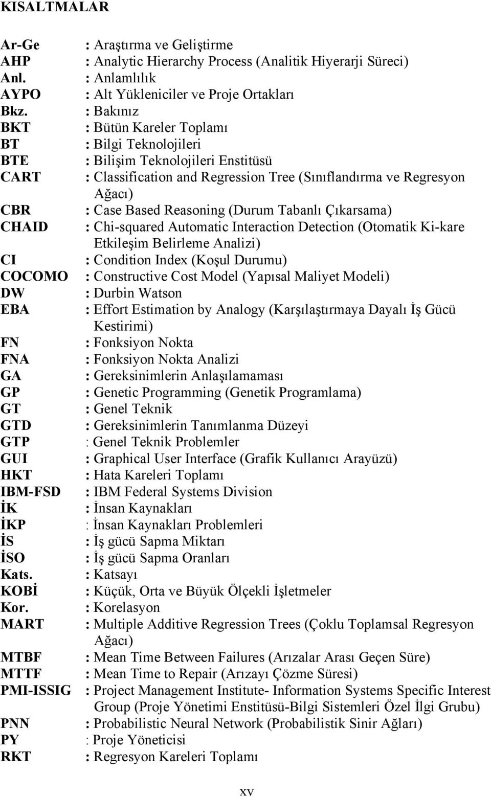 Reasoning (Durum Tabanlı Çıkarsama) CHAID : Chi-squared Automatic Interaction Detection (Otomatik Ki-kare Etkileşim Belirleme Analizi) CI : Condition Index (Koşul Durumu) COCOMO : Constructive Cost