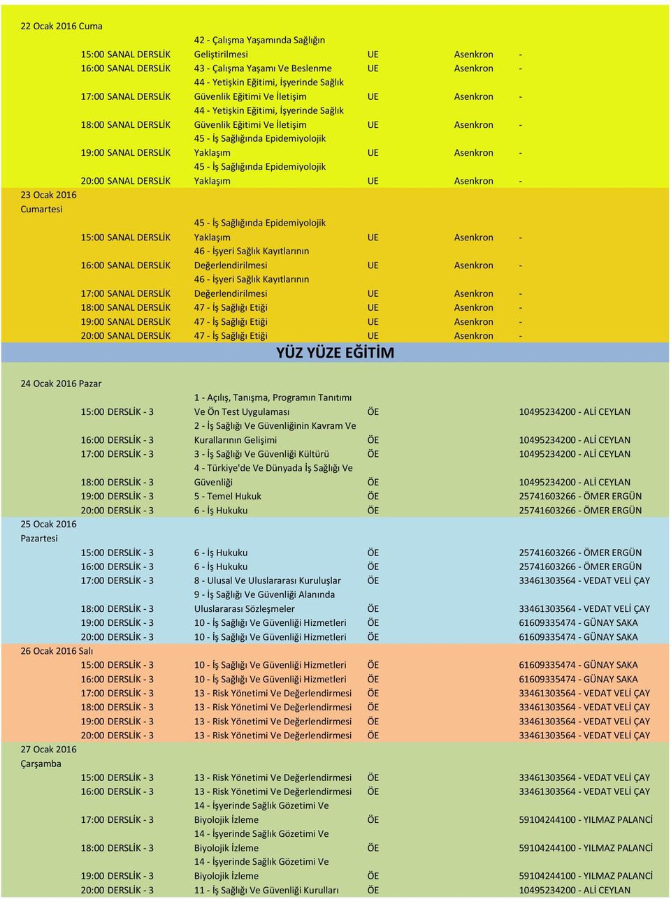 Asenkron - YÜZ YÜZE EĞİTİM 24 Ocak 2016 Pazar 1 - Açılış, Tanışma, Programın Tanıtımı Ve Ön Test Uygulaması 10495234200 - ALİ CEYLAN 16:00 DERSLİK - 3 2 - İş Sağlığı Ve Güvenliğinin Kavram Ve