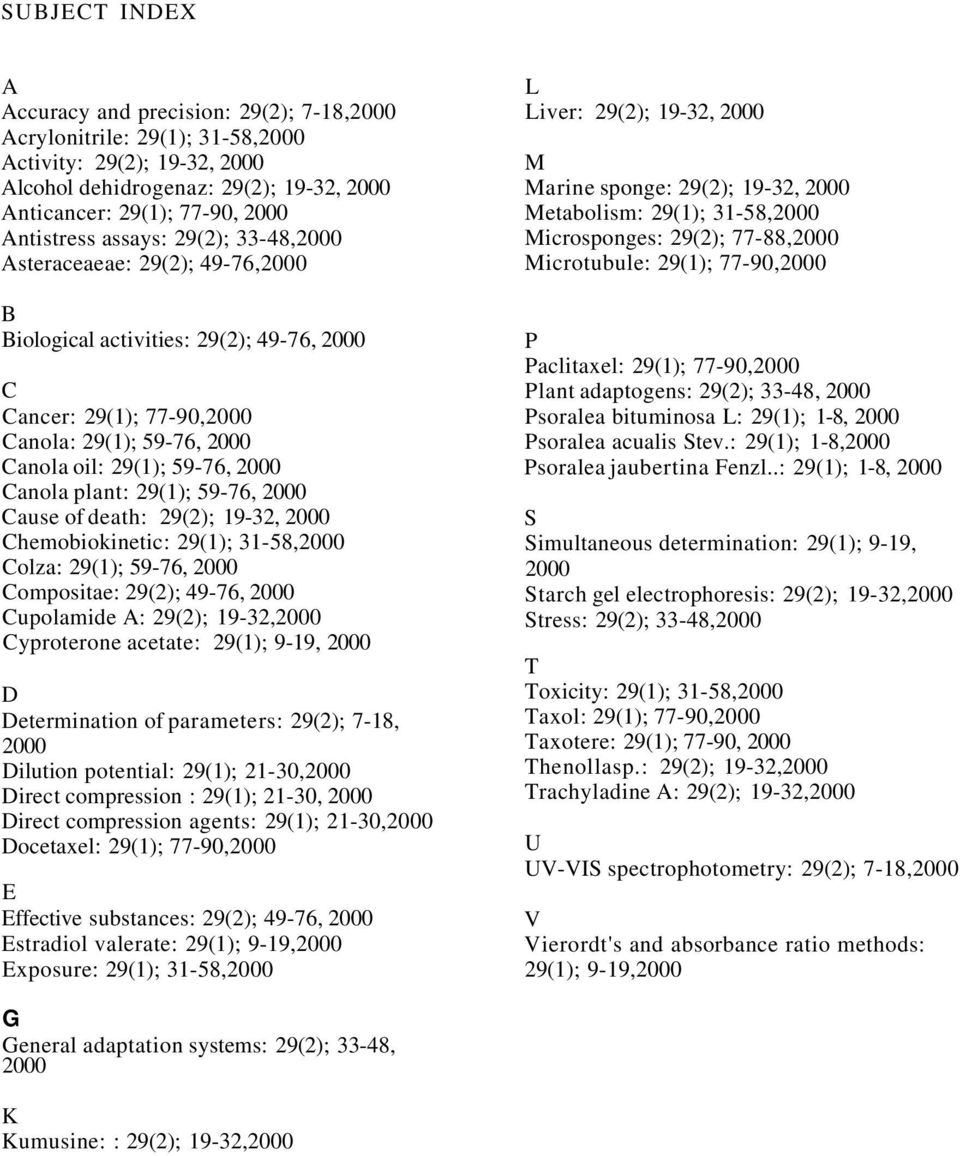 19-32, Chemobiokinetic: 29(1); 31-58, Colza: 29(1); 59-76, Compositae: 29(2); 49-76, Cupolamide A: 29(2); 19-32, Cyproterone acetate: 29(1); 9-19, D Determination of parameters: 29(2); 7-18, Dilution