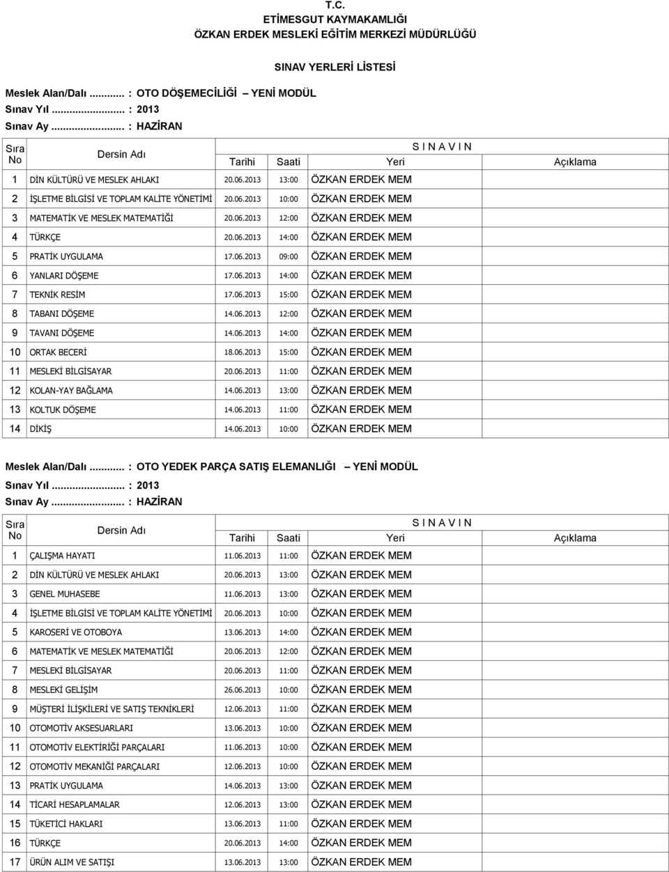 06.2013 12:00 ÖZKAN ERDEK MEM 9 TAVANI DÖŞEME 14.06.2013 14:00 ÖZKAN ERDEK MEM 10 ORTAK BECERİ 18.06.2013 15:00 ÖZKAN ERDEK MEM 11 MESLEKİ BİLGİSAYAR 20.06.2013 11:00 ÖZKAN ERDEK MEM 12 KOLAN-YAY BAĞLAMA 14.