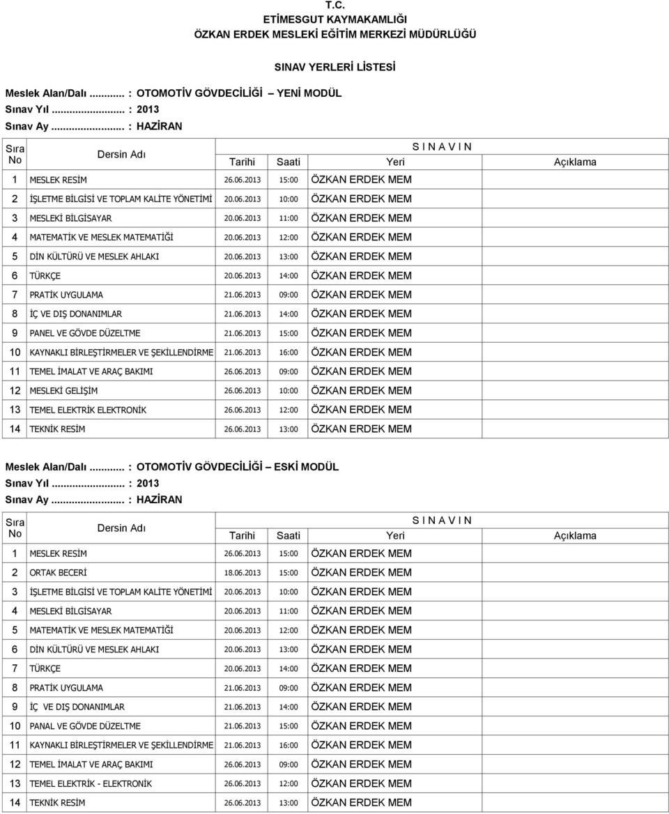 06.2013 09:00 ÖZKAN ERDEK MEM 8 İÇ VE DIŞ DONANIMLAR 21.06.2013 14:00 ÖZKAN ERDEK MEM 9 PANEL VE GÖVDE DÜZELTME 21.06.2013 15:00 ÖZKAN ERDEK MEM 10 KAYNAKLI BİRLEŞTİRMELER VE ŞEKİLLENDİRME 21.06.2013 16:00 ÖZKAN ERDEK MEM 12 MESLEKİ GELİŞİM 26.