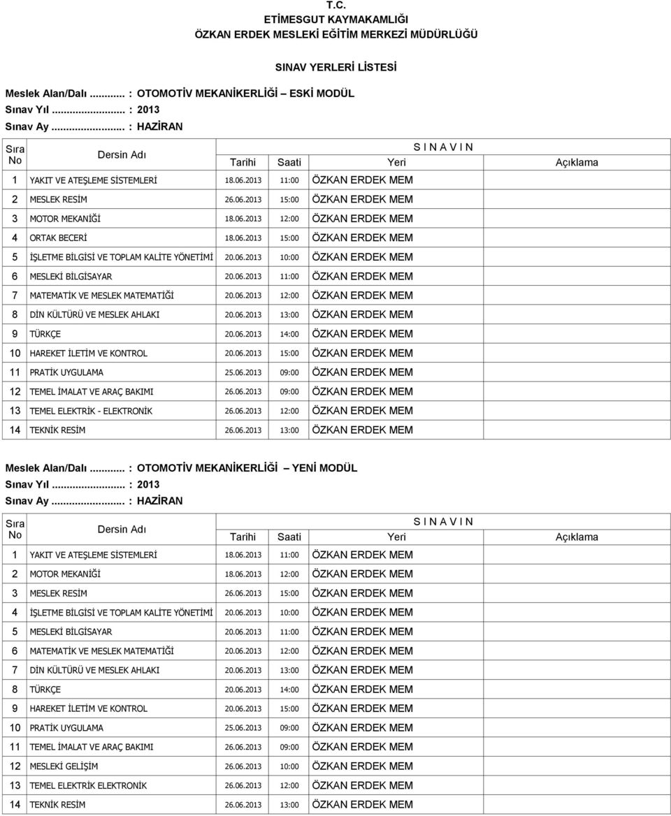 06.2013 13:00 ÖZKAN ERDEK MEM 9 TÜRKÇE 20.06.2013 14:00 ÖZKAN ERDEK MEM 10 HAREKET İLETİM VE KONTROL 20.06.2013 15:00 ÖZKAN ERDEK MEM 11 PRATİK UYGULAMA 25.06.2013 09:00 ÖZKAN ERDEK MEM 12 TEMEL İMALAT VE ARAÇ BAKIMI 26.