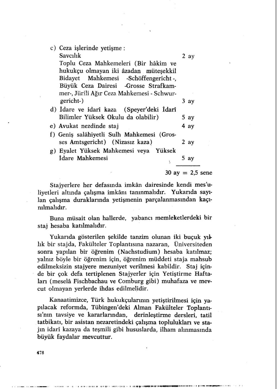 (Grosses Amtsgericht) (Nizasız kaza) 2 ay g) Eyalet Yüksek Mahkemesi veya Yüksek İdare Mahkemesi 5 ay 30 ay = 2,5 sene Stajyerlere her defasında imkân dairesinde kendi mes'uliyetleri altında çalışma