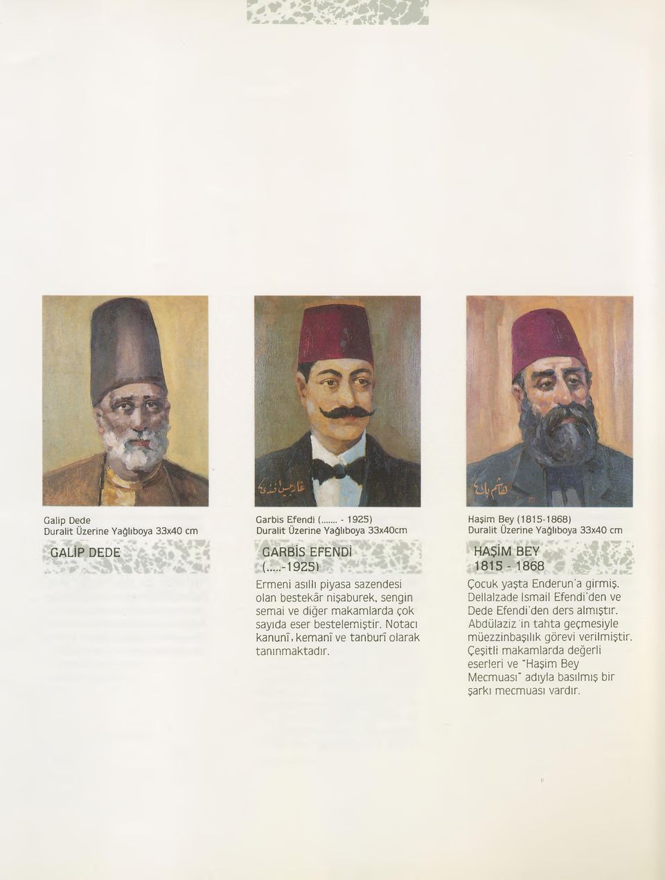 Notacı kanunî, kemanî ve tanburî olarak tanınmaktadır. Haşim Bey (1815-1868) HAŞİM BEY 1815-1868 Çocuk yaşta Enderun'a girmiş.