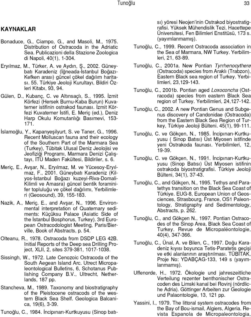 , Kuban, C. ve AltÝnsa lý, S., 1995. Üzmit Kšrfezi (Hersek Burnu-Kaba Burun) Kuvaterner istifinin ostrakod faunasý. Üzmit Kšrfezi Kuvaterner Üstifi, E. Meri (ed.