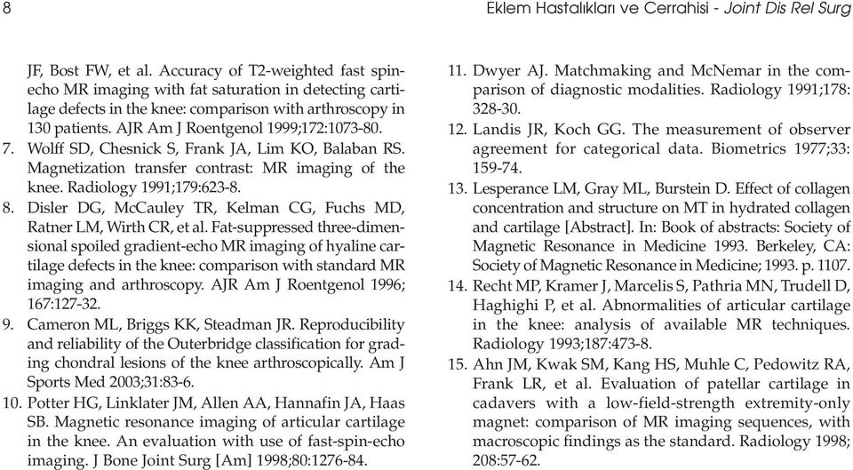 Wolff SD, Chesnick S, Frank JA, Lim KO, Balaban RS. Magnetization transfer contrast: MR imaging of the knee. Radiology 1991;179:623-8. 8.