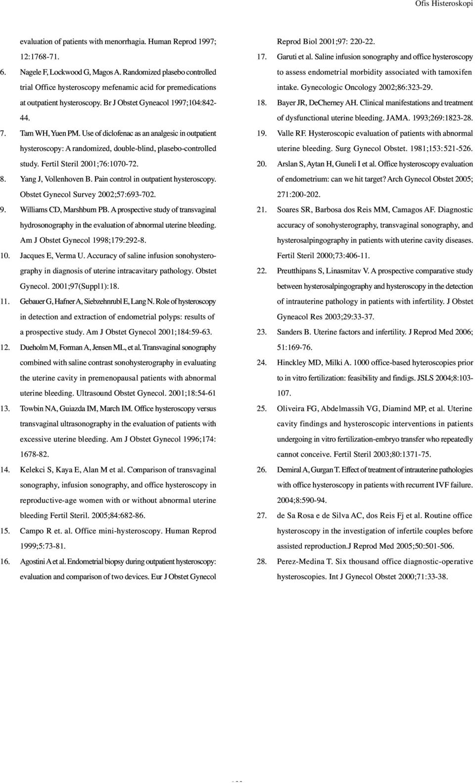 Use of diclofenac as an analgesic in outpatient hysteroscopy: A randomized, double-blind, plasebo-controlled study. Fertil Steril 2001;76:1070-72. 8. Yang J, Vollenhoven B.