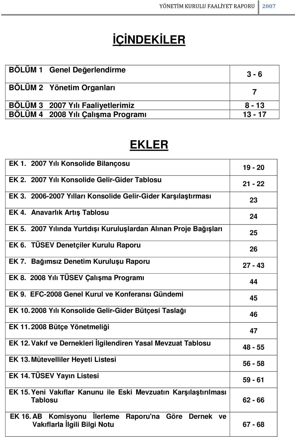 2007 Yılında Yurtdışı Kuruluşlardan Alınan Proje Bağışları EK 6. TÜSEV Denetçiler Kurulu Raporu EK 7. Bağımsız Denetim Kuruluşu Raporu EK 8. 2008 Yılı TÜSEV Çalışma Programı EK 9.