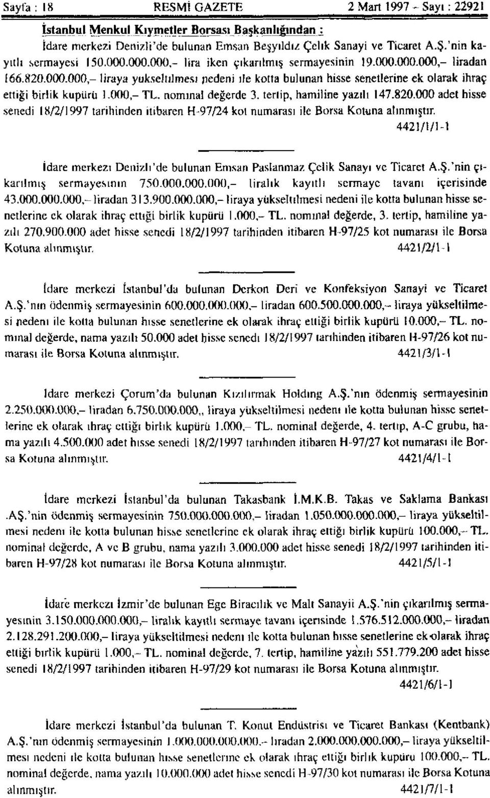 000 - TL. nominal değerde 3. tertip, hamiline yazılı 147.820.000 adet hisse senedi 18/2/1997 tarihinden itibaren H-97/24 kot numarası ile Borsa Kotuna alınmıştır.