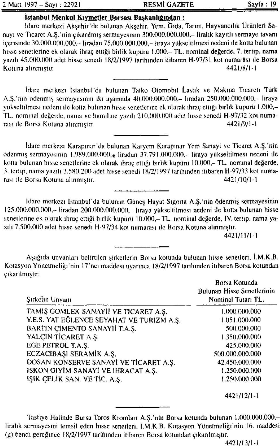 000 - TL. nominal değerde, 7. tertip, nama yazılı 45.000.000 adet his.se senedi 18/2/1997 tarihinden itibaren H-97/31 kot numarası ile Borsa Kotuna alınmıştır.