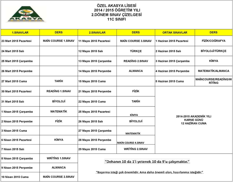 SINAV 3 Haziran 2015 Çarşamba 26 Mart 2015 Perşembe 14 Mayıs 2015 Perşembe 4 Haziran 2015 Perşembe / 27 Mart 2015 Cuma TARİH 15 Mayıs 2015 Cuma 5 Haziran 2015 Cuma MAİNCOURSE/READİNG/W RİTİNG 30 Mart