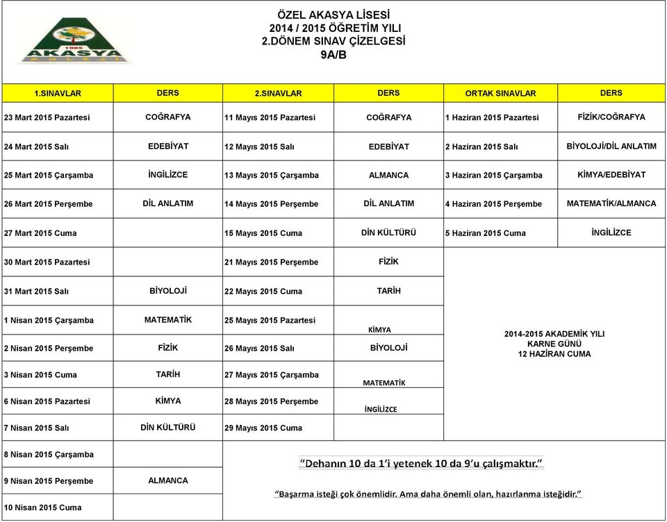 Haziran 2015 Salı BİYOLOJİ/DİL ANLATIM 25 Mart 2015 Çarşamba 13 Mayıs 2015 Çarşamba 3 Haziran 2015 Çarşamba /EDEBİYAT 26 Mart 2015 Perşembe DİL ANLATIM 14 Mayıs 2015 Perşembe DİL