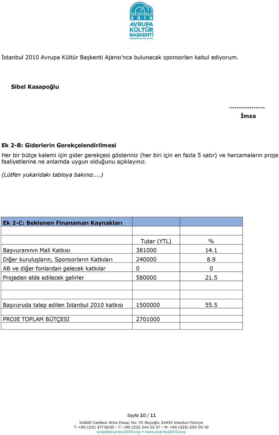 anlamda uygun olduğunu açıklayınız. (Lütfen yukaridakı tabloya bakınız...) Ek 2-C: Beklenen Finansman Kaynakları Tutar (YTL) % Başvuranının Mali Katkısı 381000 14.