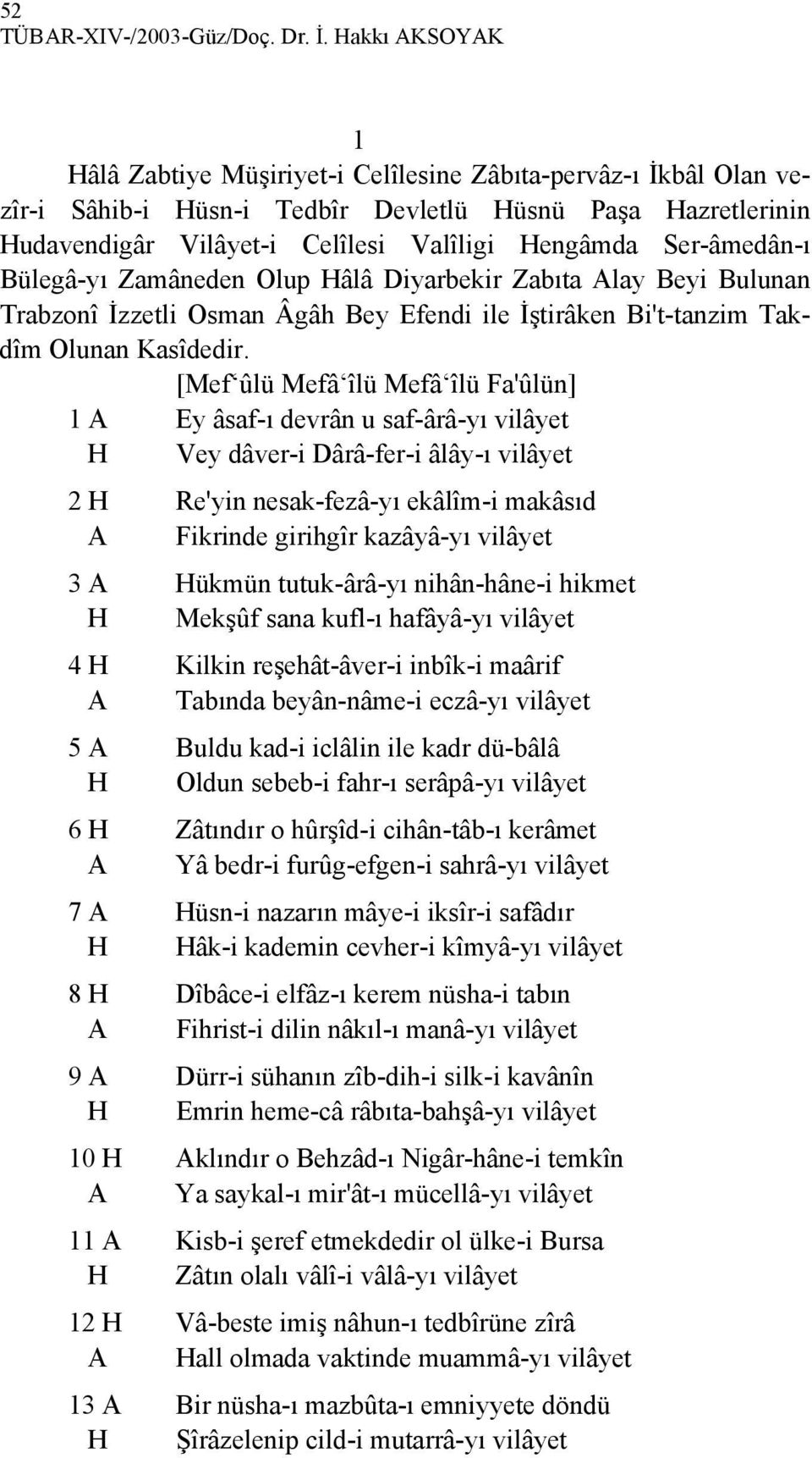 Ser-âmedân-ı Bülegâ-yı Zamâneden Olup Hâlâ Diyarbekir Zabıta Alay Beyi Bulunan Trabzonî İzzetli Osman Âgâh Bey Efendi ile İştirâken Bi't-tanzim Takdîm Olunan Kasîdedir.