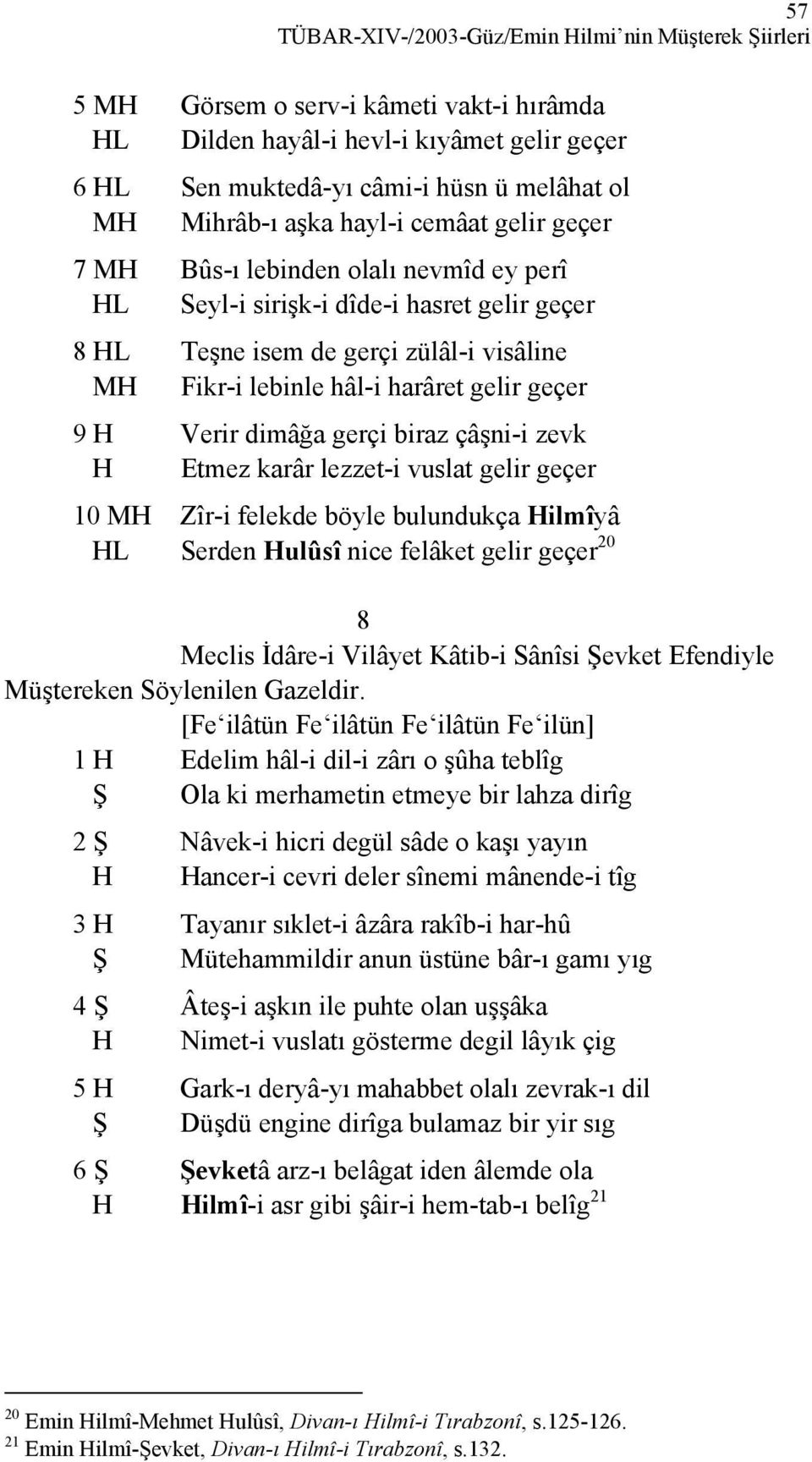 gelir geçer 9 H Verir dimâğa gerçi biraz çâşni-i zevk H Etmez karâr lezzet-i vuslat gelir geçer 10 MH Zîr-i felekde böyle bulundukça Hilmîyâ HL Serden Hulûsî nice felâket gelir geçer 20 8 Meclis