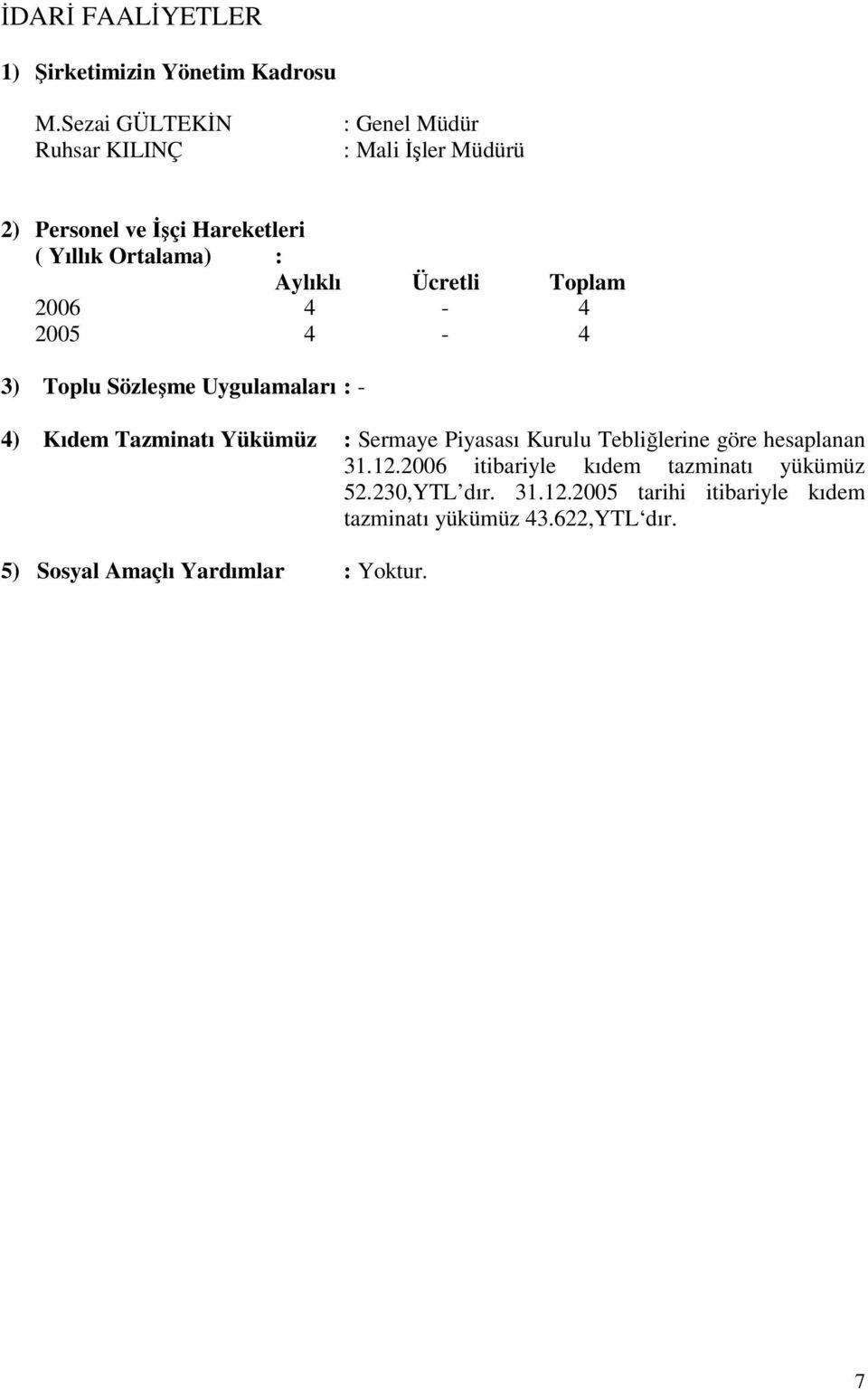 Ücretli Toplam 2006 4-4 2005 4-4 3) Toplu Sözleşme Uygulamaları : - 4) Kıdem Tazminatı Yükümüz : Sermaye Piyasası Kurulu