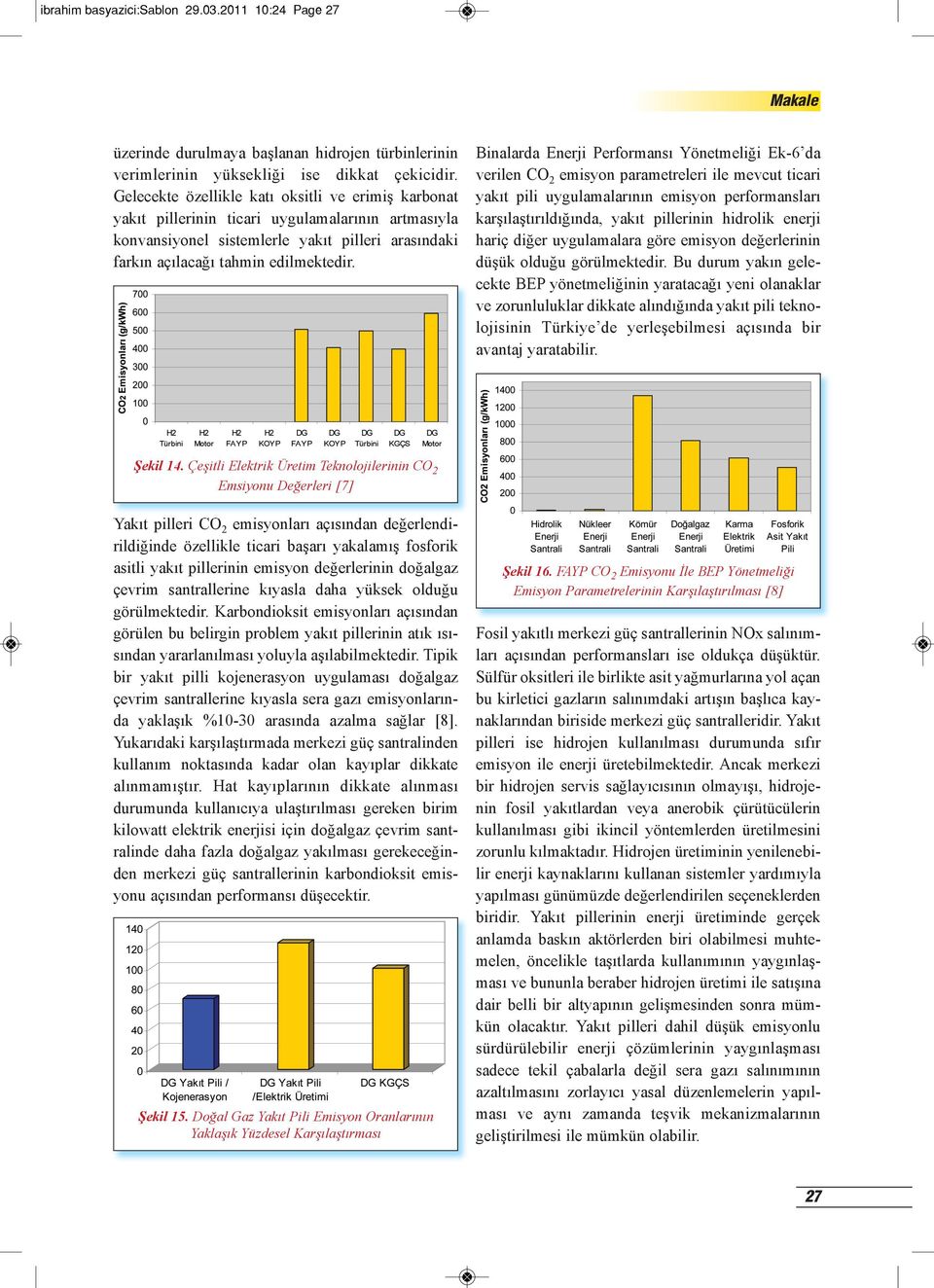 Binalarda Enerji Performansı Yönetmeliği Ek-6 da verilen CO 2 emisyon parametreleri ile mevcut ticari yakıt pili uygulamalarının emisyon performansları karşılaştırıldığında, yakıt pillerinin hidrolik