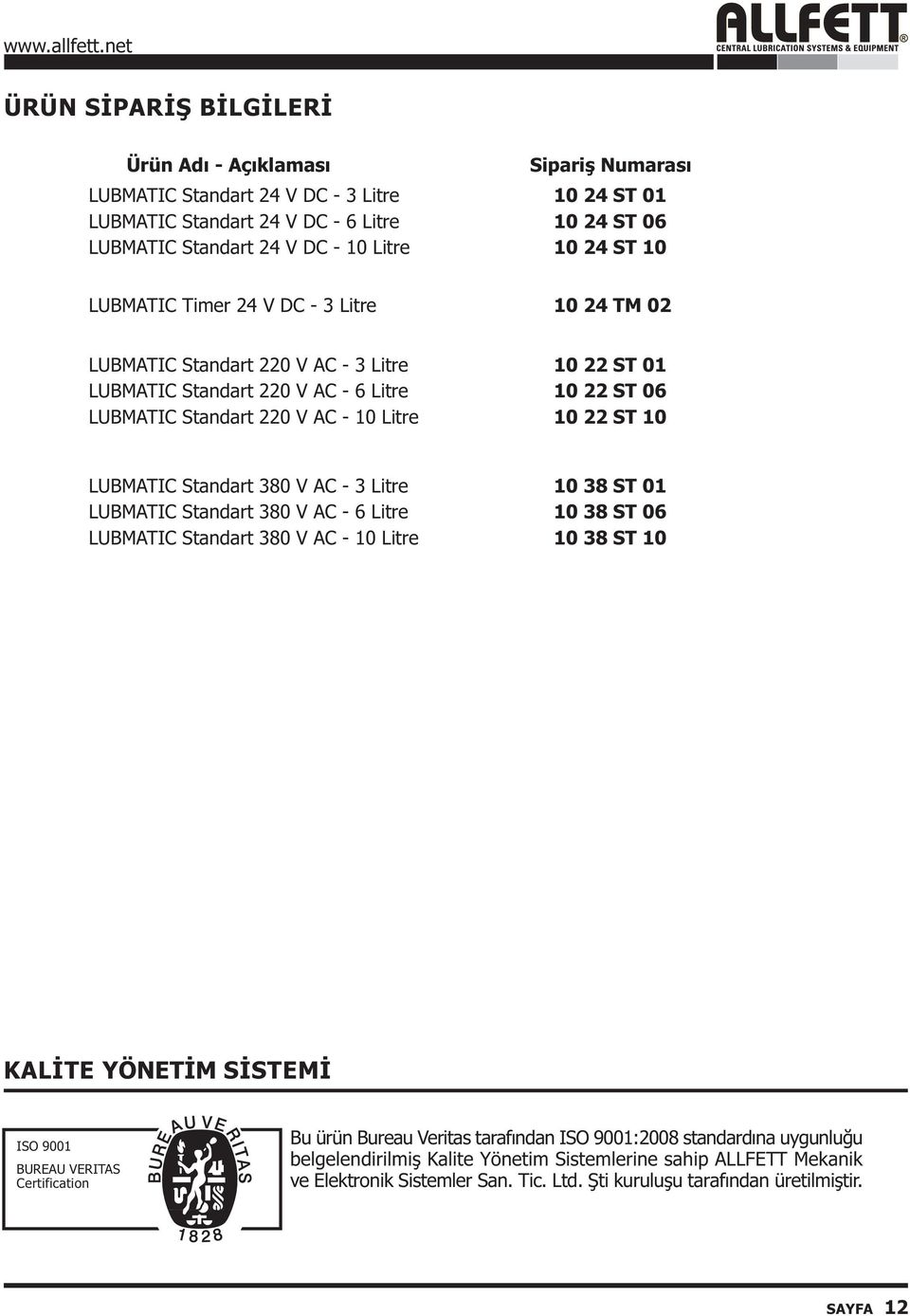 10 LUBMATIC Standart 380 V AC - 3 Litre LUBMATIC Standart 380 V AC - 6 Litre LUBMATIC Standart 380 V AC - 10 Litre 10 38 ST 01 10 38 ST 06 10 38 ST 10 KALÝTE YÖNETÝM SÝSTEMÝ ISO 9001 BUREAU VERITAS