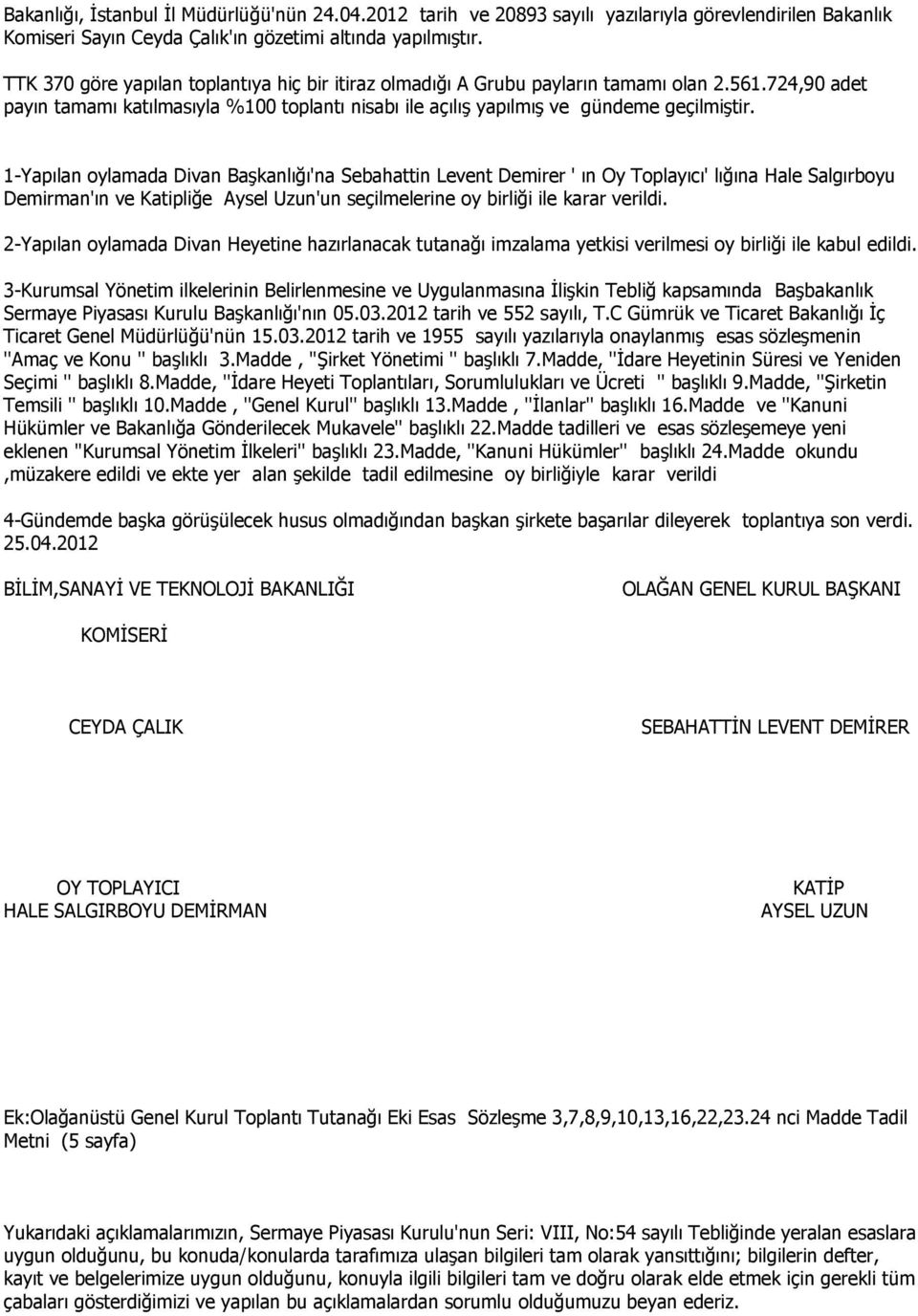 1-Yapılan oylamada Divan Başkanlığı'na Sebahattin Levent Demirer ' ın Oy Toplayıcı' lığına Hale Salgırboyu Demirman'ın ve Katipliğe Aysel Uzun'un seçilmelerine oy birliği ile karar verildi.