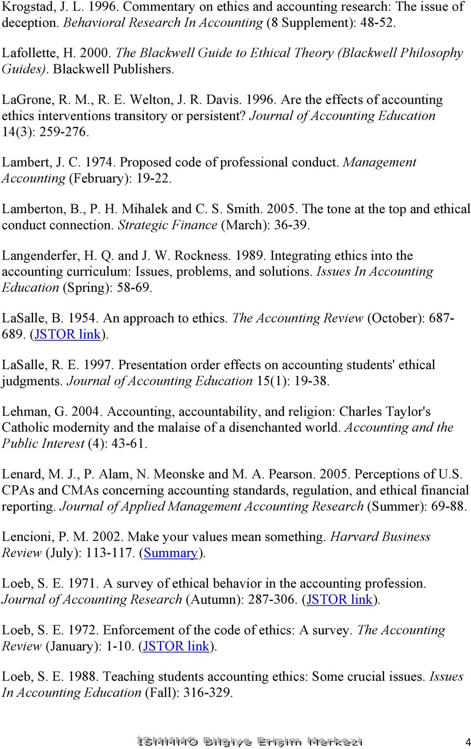 Are the effects of accounting ethics interventions transitory or persistent? Journal of Accounting Education 14(3): 259-276. Lambert, J. C. 1974. Proposed code of professional conduct.