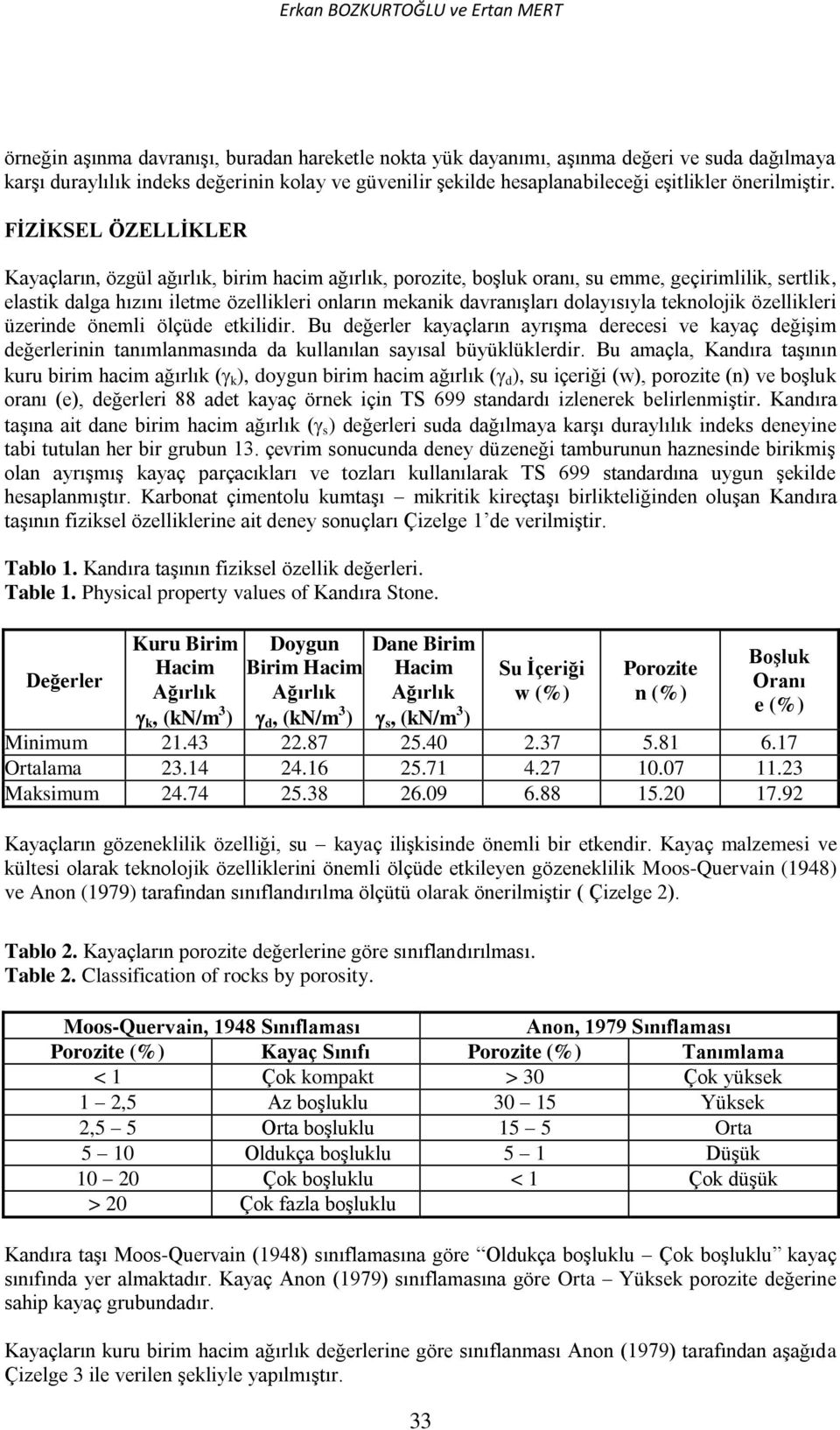 FİZİKSEL ÖZELLİKLER Kayaçların, özgül ağırlık, birim hacim ağırlık, porozite, boşluk oranı, su emme, geçirimlilik, sertlik, elastik dalga hızını iletme özellikleri onların mekanik davranışları