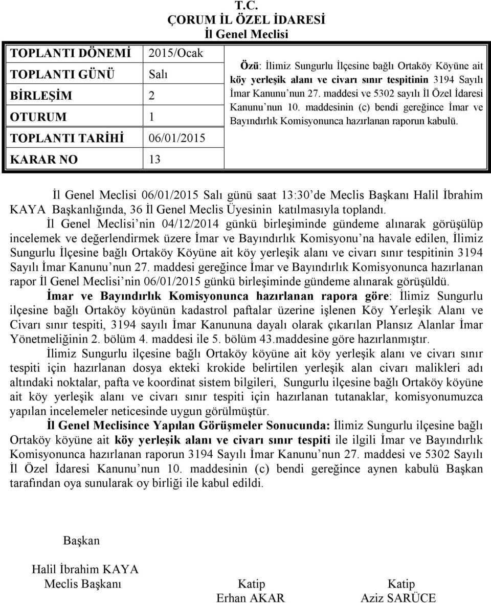 06/01/2015 Salı günü saat 13:30 de Meclis ı Halil İbrahim KAYA lığında, 36 İl Genel Meclis Üyesinin katılmasıyla toplandı.