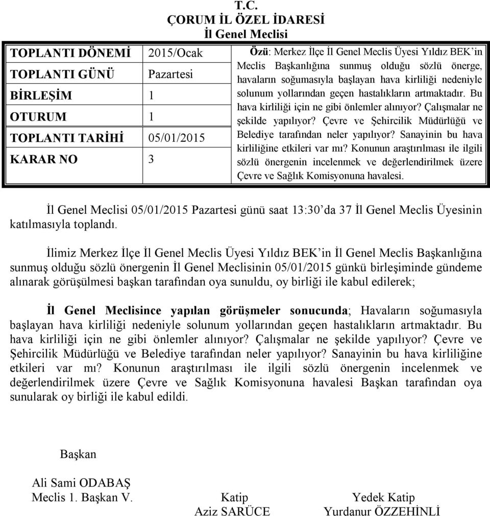 Çevre ve Şehircilik Müdürlüğü ve TOPLANTI TARİHİ 05/01/2015 Belediye tarafından neler yapılıyor? Sanayinin bu hava kirliliğine etkileri var mı?