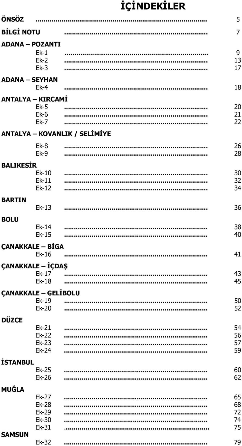 .. 38 Ek-15... 40 ÇANAKKALE BİGA Ek-16... 41 ÇANAKKALE İÇDAŞ Ek-17... 43 Ek-18... 45 ÇANAKKALE GELİBOLU Ek-19... 50 Ek-20... 52 DÜZCE Ek-21.