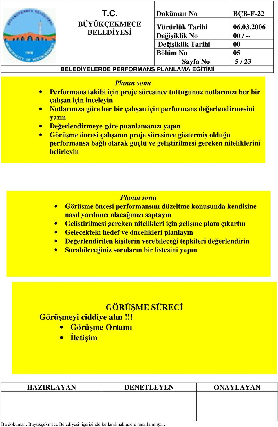 Planın sonu Görüme öncesi performansını düzeltme konusunda kendisine nasıl yardımcı olacaınızı saptayın Gelitirilmesi gereken nitelikleri için gelime planı çıkartın Gelecekteki hedef