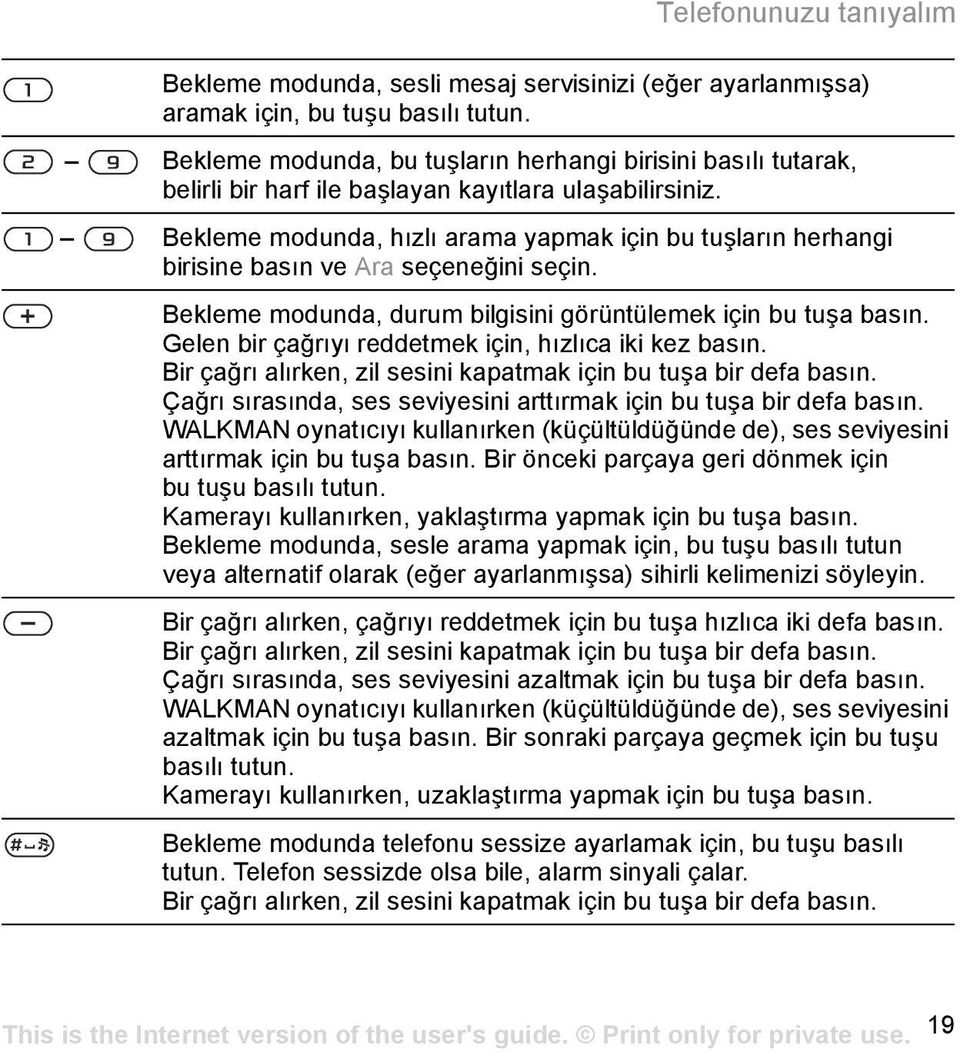 Bekleme modunda, hõzlõ arama yapmak için bu tuşlarõn herhangi birisine basõn ve Ara seçeneğini seçin. Bekleme modunda, durum bilgisini görüntülemek için bu tuşa basõn.