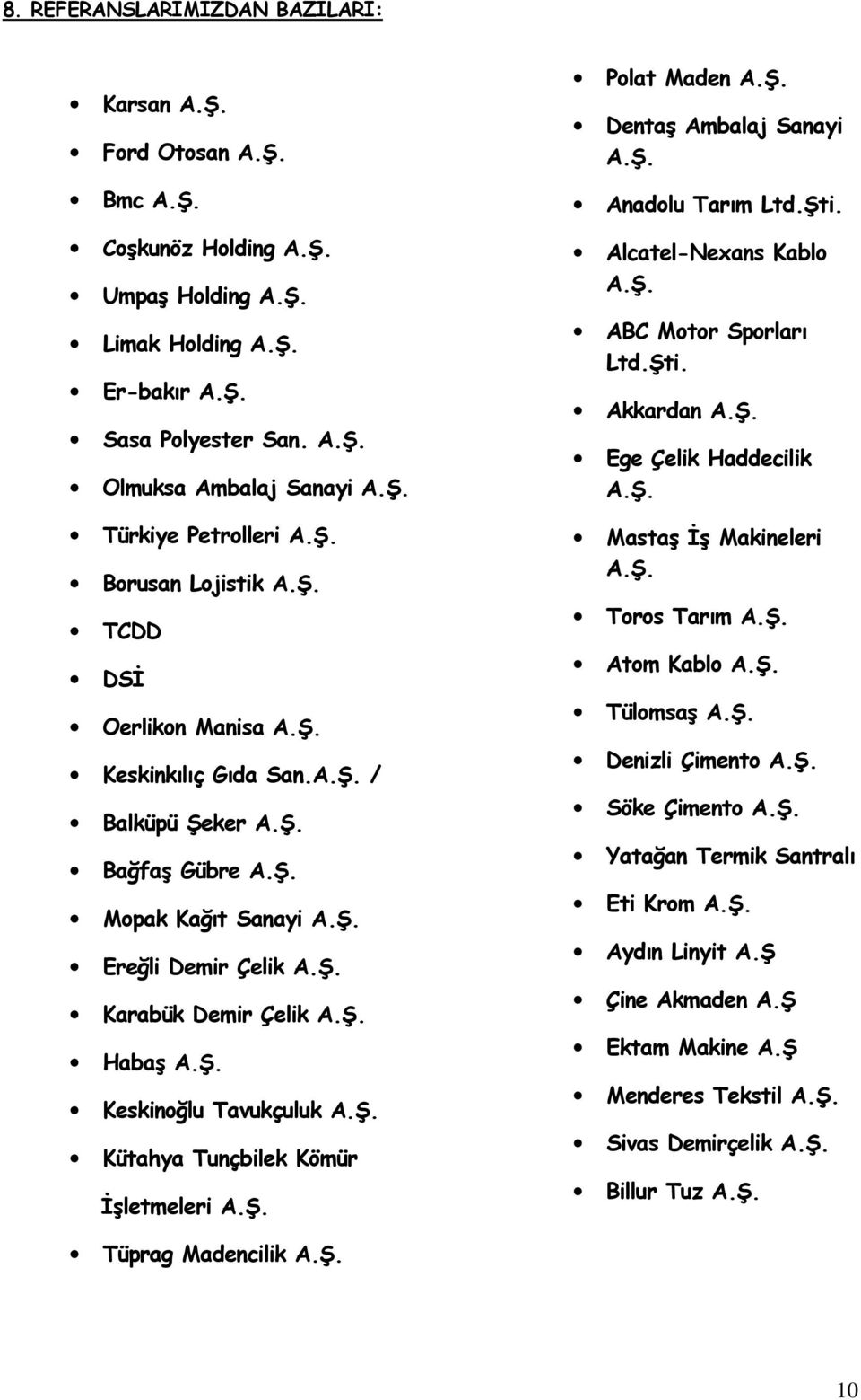 Ş. Keskinoğlu Tavukçuluk A.Ş. Kütahya Tunçbilek Kömür Đşletmeleri A.Ş. Polat Maden A.Ş. Dentaş Ambalaj Sanayi A.Ş. Anadolu Tarım Ltd.Şti. Alcatel-Nexans Kablo A.Ş. ABC Motor Sporları Ltd.Şti. Akkardan A.