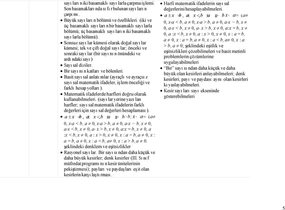 Sonsuz sayılar kümesi olarak doğal sayılar kümesi; tek ve çift doğal sayılar; önceki ve sonraki sayılar (bir sayının önündeki ve ardındaki sayı) Sayısal diziler. Bir sayının katları ve bölenleri.