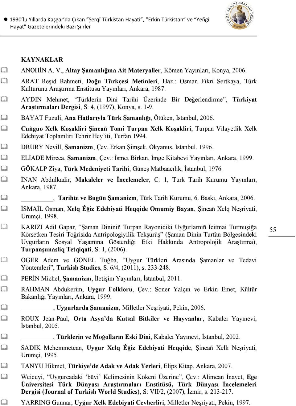 AYDIN Mehmet, Türklerin Dini Tarihi Üzerinde Bir Değerlendirme, Türkiyat Araştırmaları Dergisi, S: 4, (1997), Konya, s. 1-9. BAYAT Fuzuli, Ana Hatlarıyla Türk Şamanlığı, Ötüken, İstanbul, 2006.