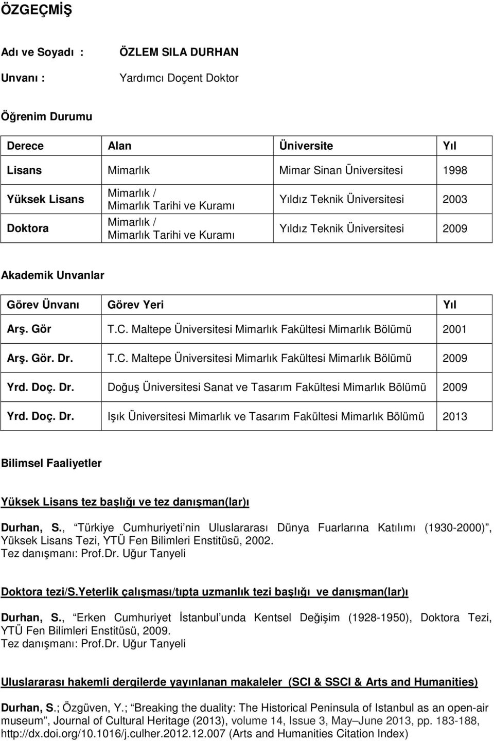 Maltepe Üniversitesi Mimarlık Fakültesi Mimarlık Bölümü 2001 Arş. Gör. Dr. T.C. Maltepe Üniversitesi Mimarlık Fakültesi Mimarlık Bölümü 2009 Yrd. Doç. Dr. Doğuş Üniversitesi Sanat ve Tasarım Fakültesi Mimarlık Bölümü 2009 Yrd.