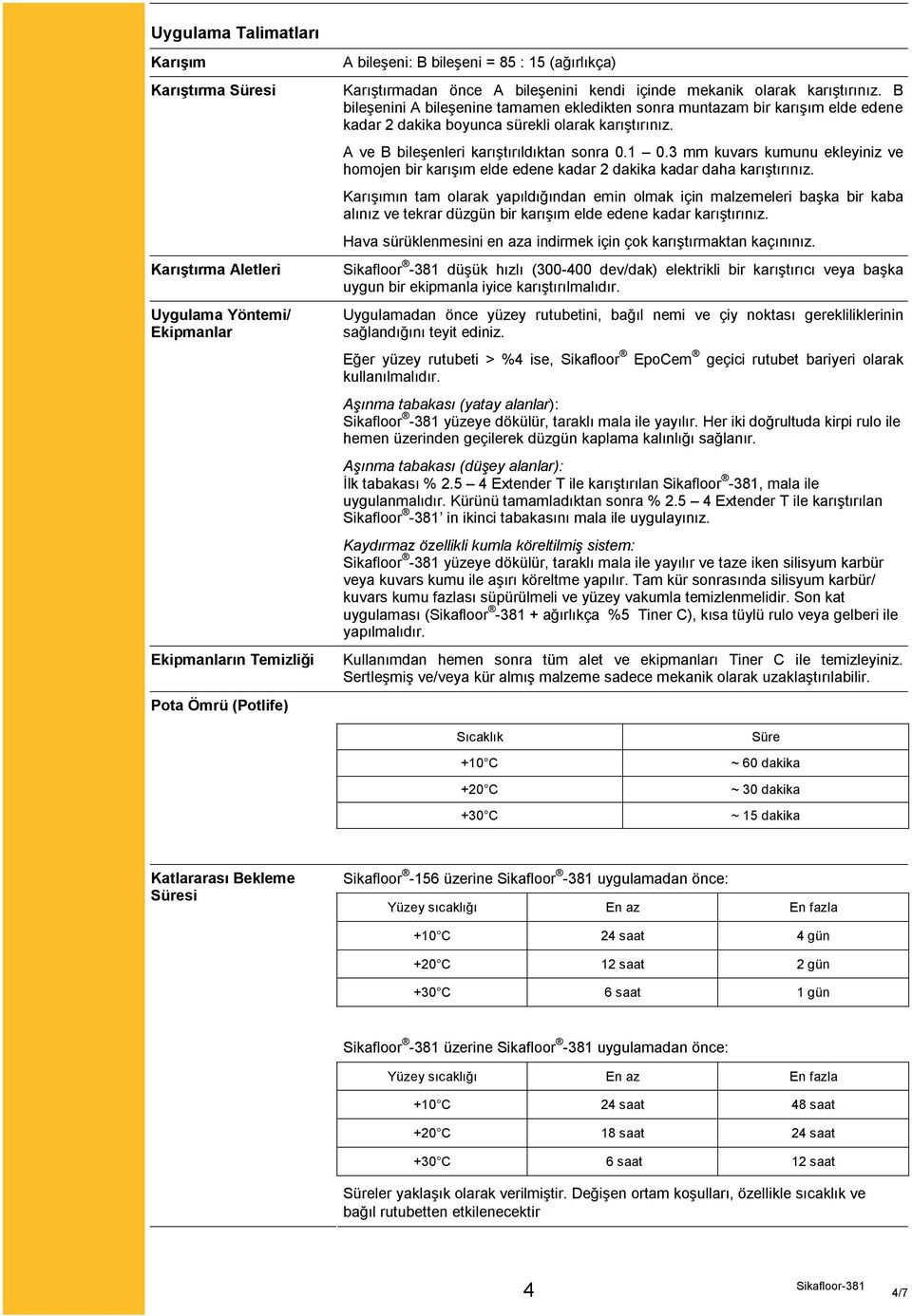 A ve B bileşenleri karıştırıldıktan sonra 0.1 0.3 mm kuvars kumunu ekleyiniz ve homojen bir karışım elde edene kadar 2 dakika kadar daha karıştırınız.