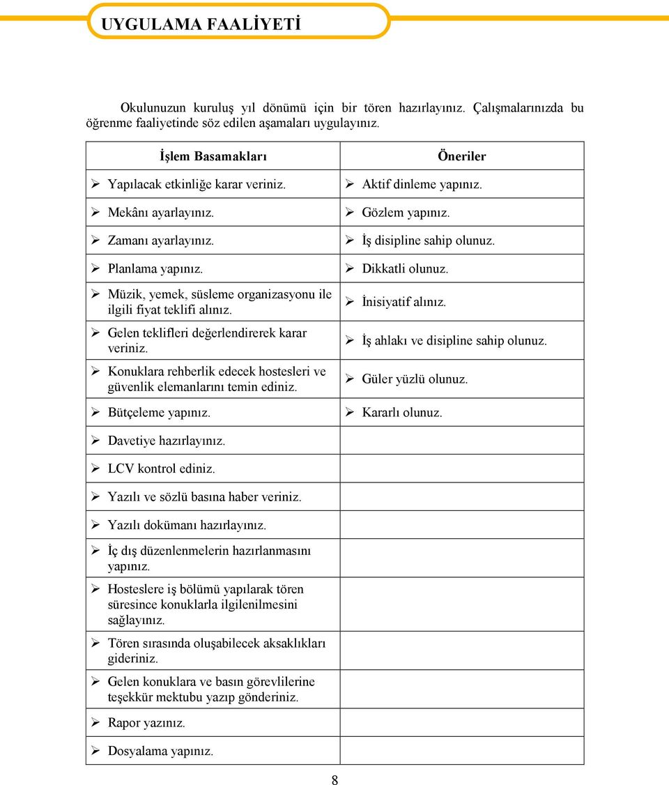 Gelen teklifleri değerlendirerek karar veriniz. Knuklara rehberlik edecek hstesleri ve güvenlik elemanlarını temin ediniz. Bütçeleme yapınız. Öneriler Aktif dinleme yapınız. Gözlem yapınız.