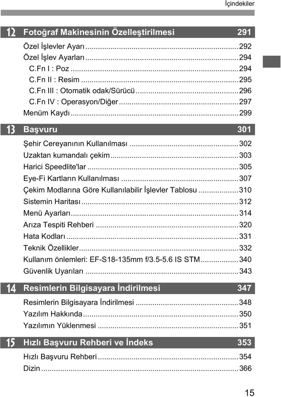 ..307 Çekim Modlar na Göre Kullan labilir levler Tablosu...310 Sistemin Haritas...312 Menü Ayarlar...314 Ar za Tespiti Rehberi...320 Hata Kodlar...331 Teknik Özellikler.