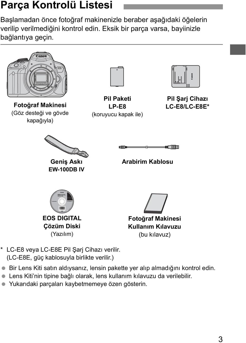 Diski (Yaz l m) Foto raf Makinesi Kullan m K lavuzu (bu k lavuz) * LC-E8 veya LC-E8E Pil arj Cihaz verilir. (LC-E8E, güç kablosuyla birlikte verilir.