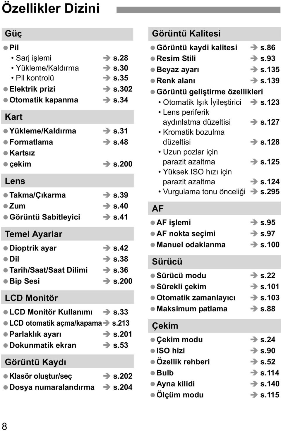 33 LCD otomatik açma/kapama s.213 Parlakl k ayar s.201 Dokunmatik ekran s.53 Görüntü Kayd Klasör olu tur/seç s.202 Dosya numaraland rma s.204 Görüntü Kalitesi Görüntü kaydi kalitesi s.