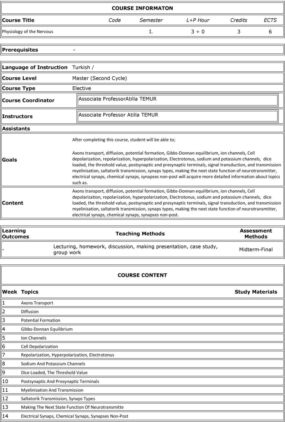 Atilla TEMUR Assistants After completing this course, student will be able to; Goals Content Axons transport, diffusion, potential formation, Gibbs-Donnan equilibrium, ion channels, Cell