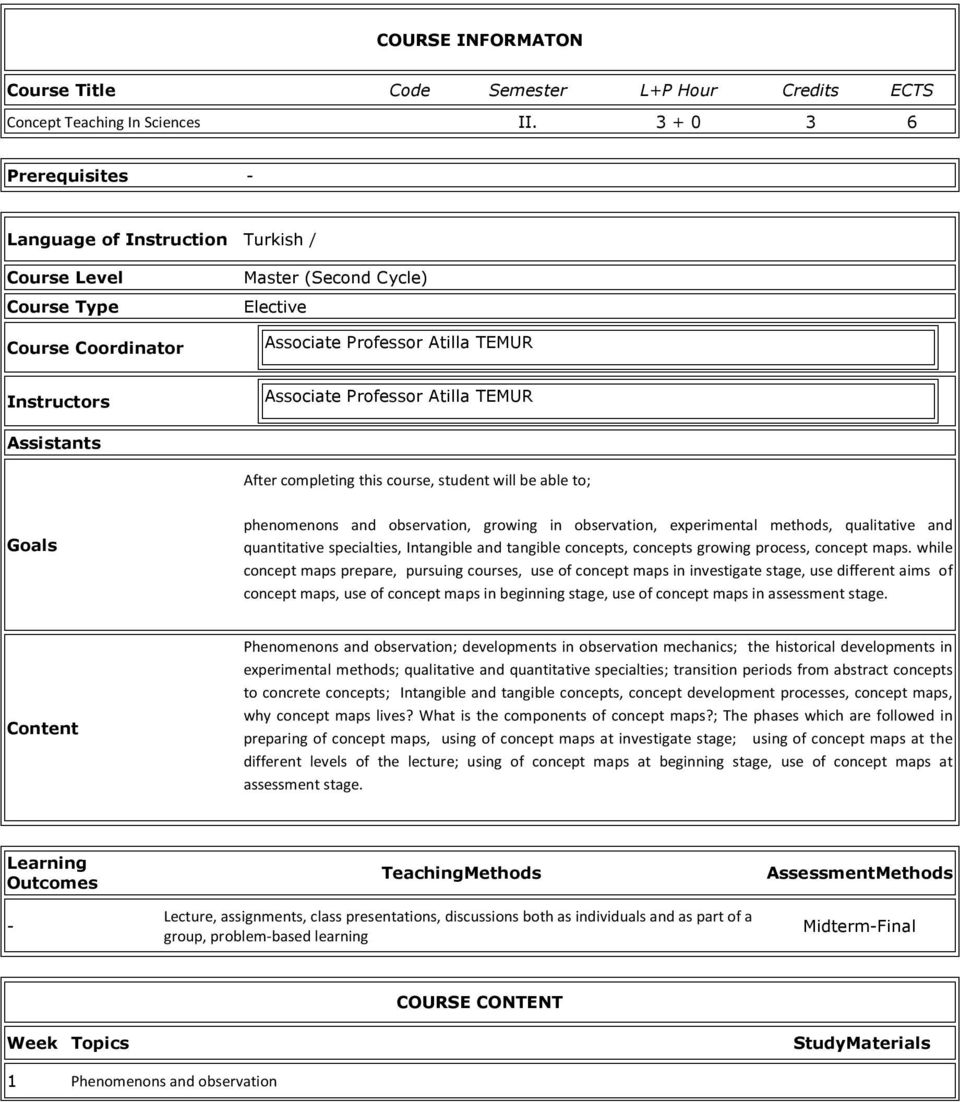 Atilla TEMUR Assistants After completing this course, student will be able to; Goals phenomenons and observation, growing in observation, experimental methods, qualitative and quantitative