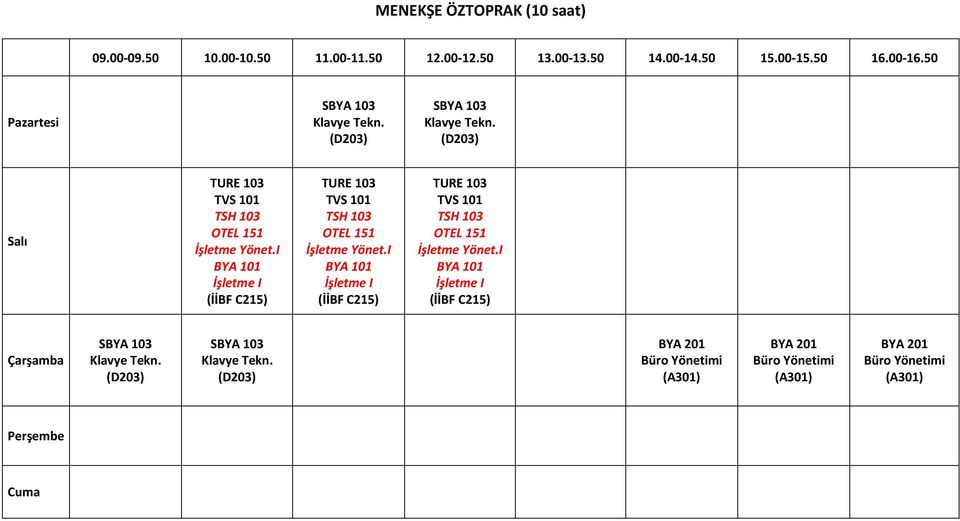 I BYA 101 İşletme I TURE 103 TVS 101 TSH 103 OTEL 151 İşletme Yönet.