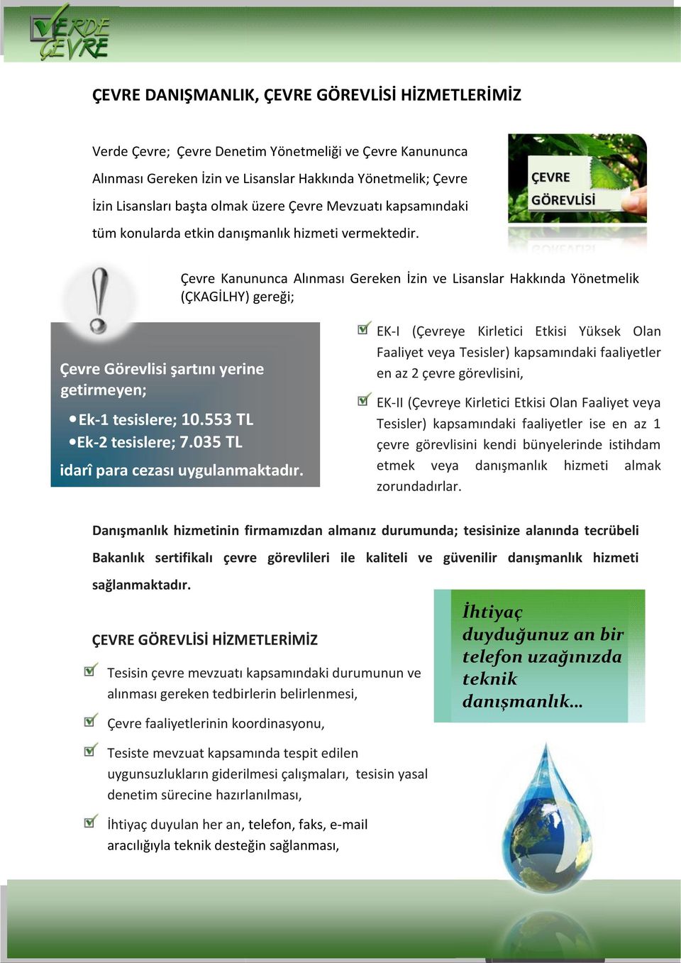 Çevre Kanununca Alınması Gereken İzin ve Lisanslar Hakkında Yönetmelik (ÇKAGİLHY) gereği; Çevre Görevlisi şartını yerine getirmeyen; Ek-1 tesislere; 10.553 TL Ek-2 tesislere; 7.