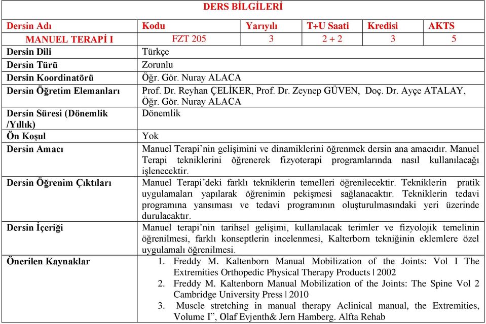 Manuel Terapi tekniklerini öğrenerek fizyoterapi programlarında nasıl kullanılacağı işlenecektir. Dersin Öğrenim Çıktıları Manuel Terapi deki farklı tekniklerin temelleri öğrenilecektir.