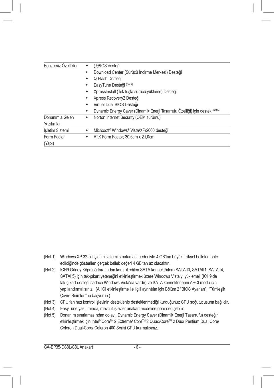 Windows Vista/XP/2000 desteği Form Factor ATX Form Factor; 30,5cm x 2,0cm (Yapı) (Not ) (Not 2) (Not 3) (Not 4) (Not 5) Windows XP 32-bit işletim sistemi sınırlaması nedeniyle 4 GB tan büyük fiziksel